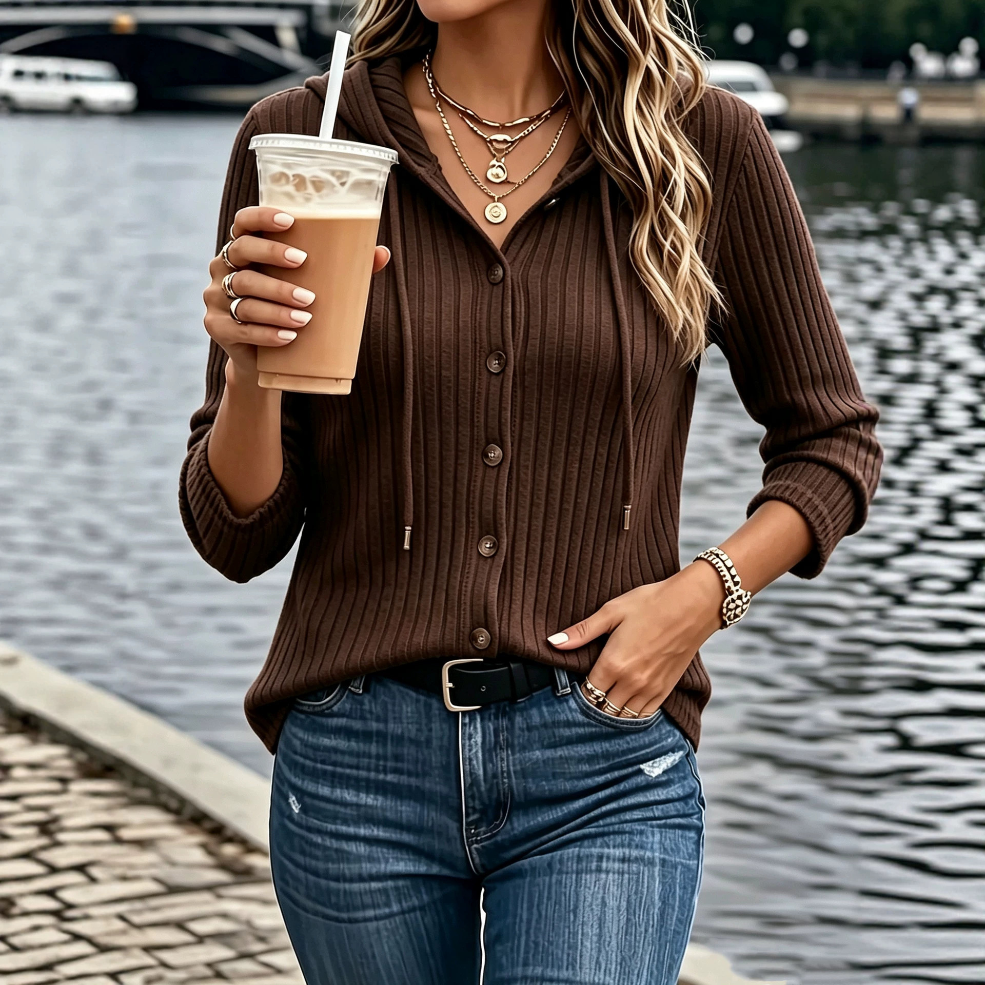2026 European And American Amazon Women's Button-up Long-sleeve Top Hoodie, Solid Color