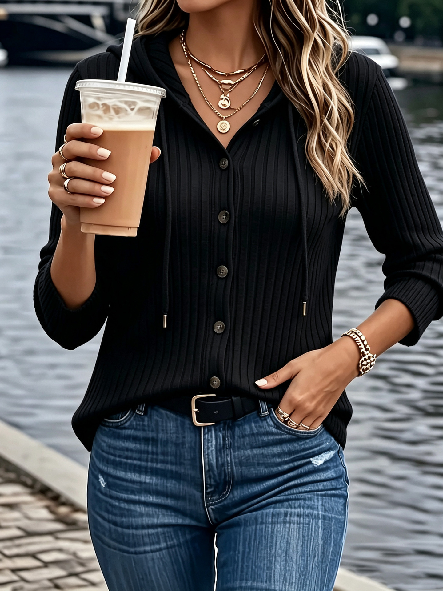 2026 European And American Amazon Women's Button-up Long-sleeve Top Hoodie, Solid Color
