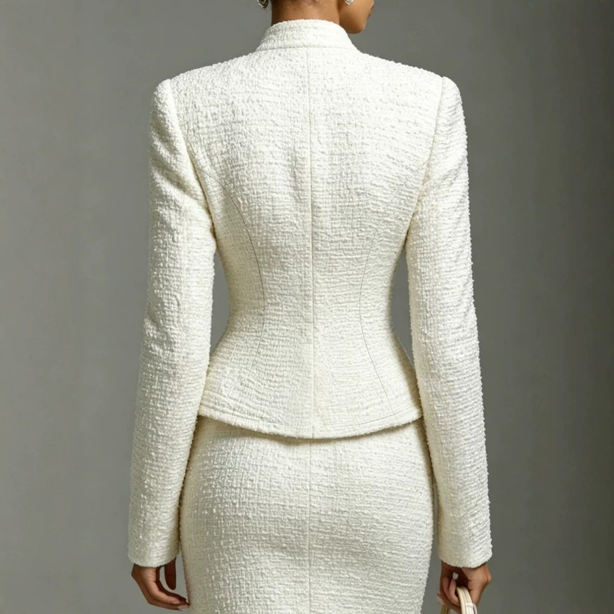 2026 Europäischer und amerikanischer Chanel-Stil-Anzug für Damen mit vertikalem Kragen, enger Taille und Hüfte