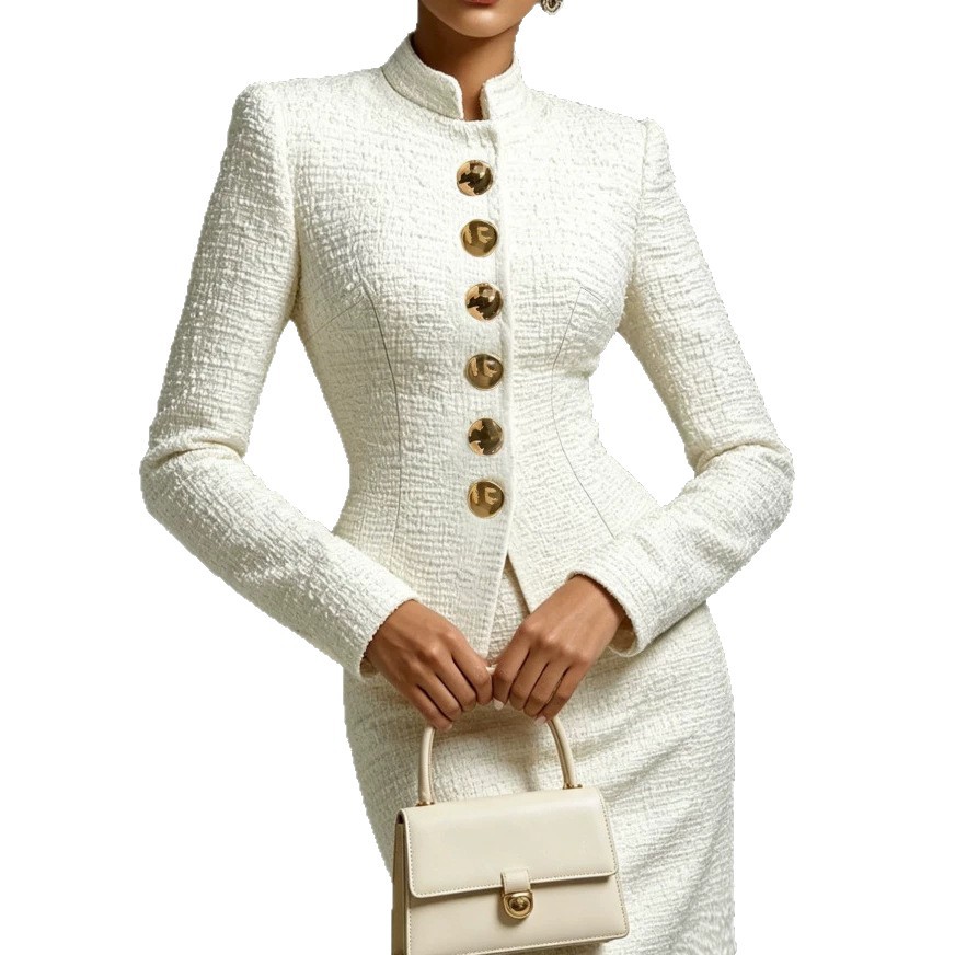 2026 Europäischer und amerikanischer Chanel-Stil-Anzug für Damen mit vertikalem Kragen, enger Taille und Hüfte