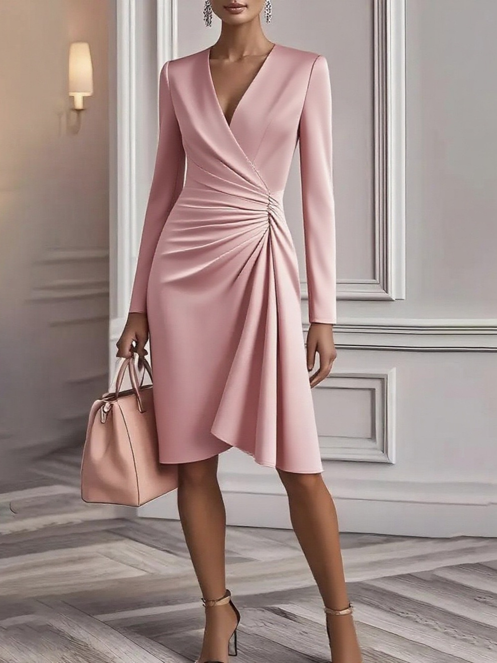 2026 European And American New Sexy Slim Fit Solid Color Wrap Skirt Long Sleeved V-neck