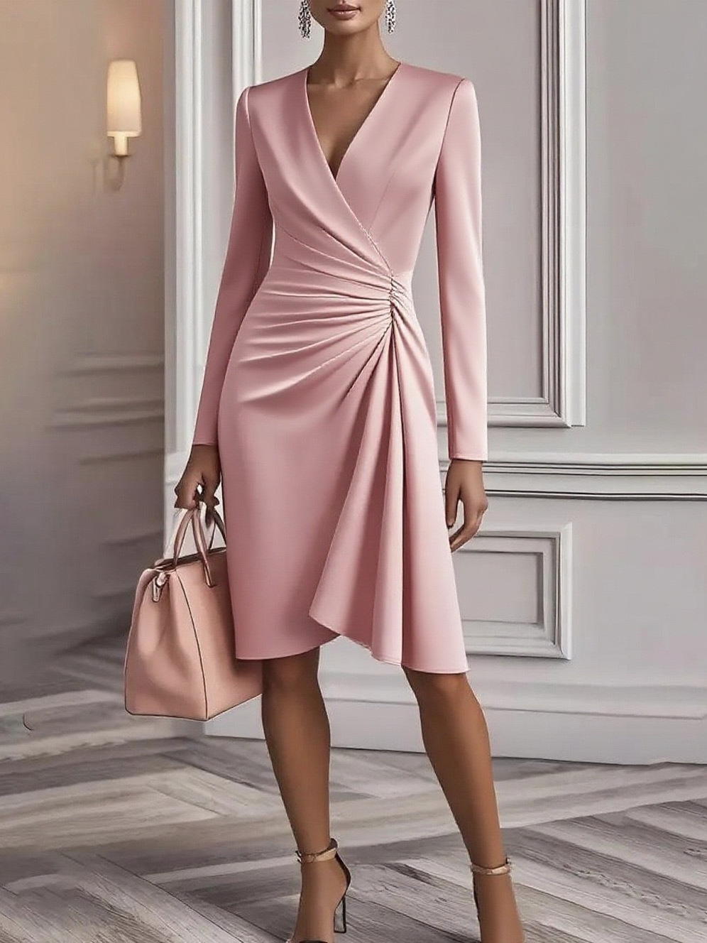 2026 European And American New Sexy Slim Fit Solid Color Wrap Skirt Long Sleeved V-neck