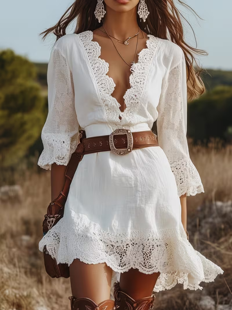 2026 European And American Spring Summer New Women's Horn Sleeve V-neck Lace Lace Loose