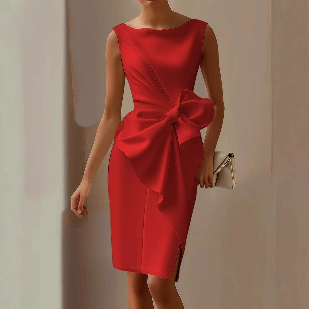 2026 European And American Women's Bow Decoration Solid Color Sleeveless Dress Jumpsuit
