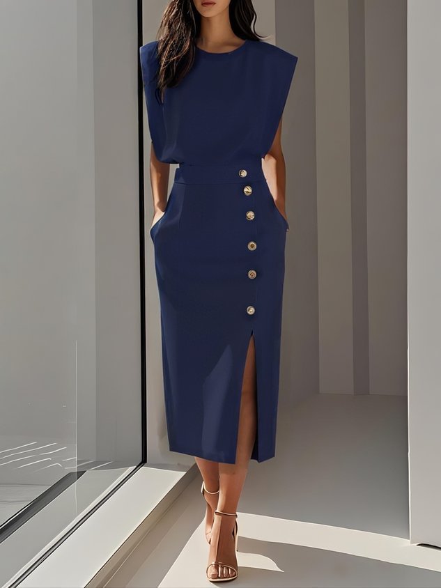 2026 European And American Women's Round Neck Sleeveless Button Slit Solid Color