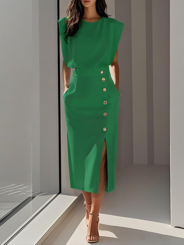 2026 European And American Women's Round Neck Sleeveless Button Slit Solid Color