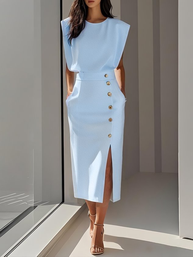 2026 European And American Women's Round Neck Sleeveless Button Slit Solid Color
