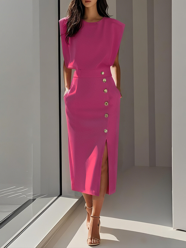 2026 European And American Women's Round Neck Sleeveless Button Slit Solid Color