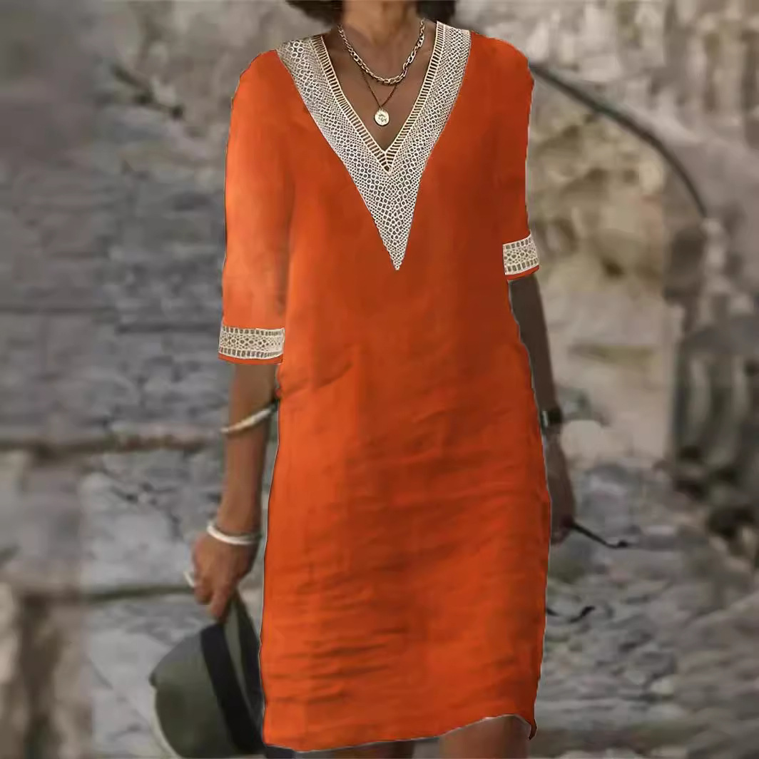 2026 European And American Women's Spring And Summer New Solid Color V-neck Mid Sleeve