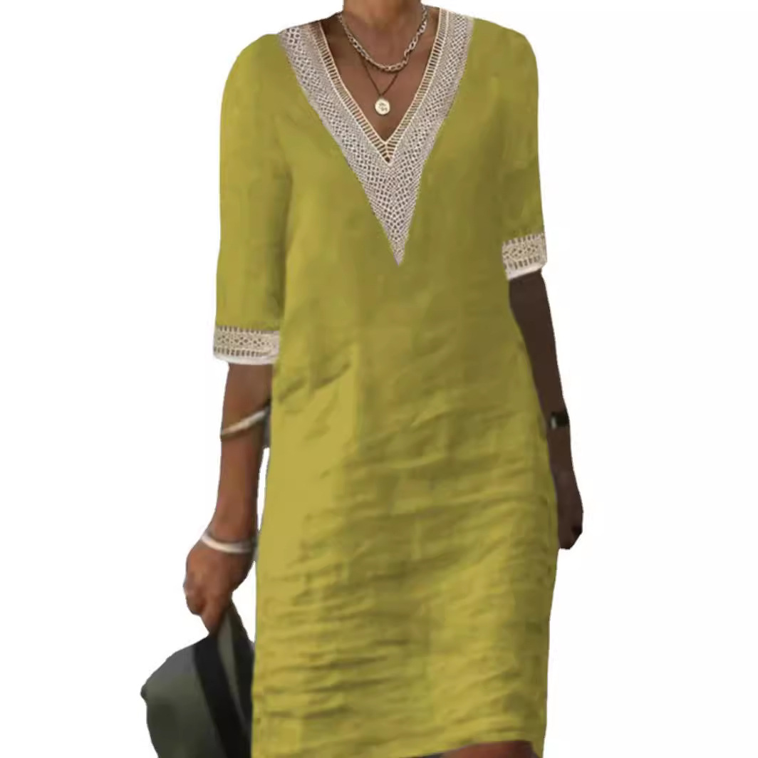 2026 European And American Women's Spring And Summer New Solid Color V-neck Mid Sleeve