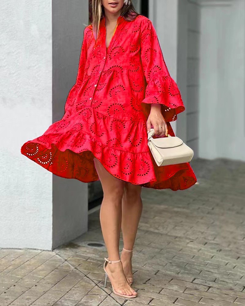 2026 European And American Women's Spring And Summer Solid Color V-neck Loose Embroidery