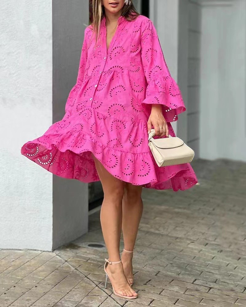 2026 European And American Women's Spring And Summer Solid Color V-neck Loose Embroidery