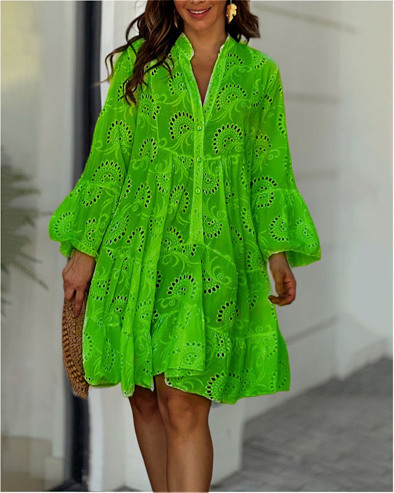 2026 European And American Women's Spring And Summer Solid Color V-neck Loose Embroidery