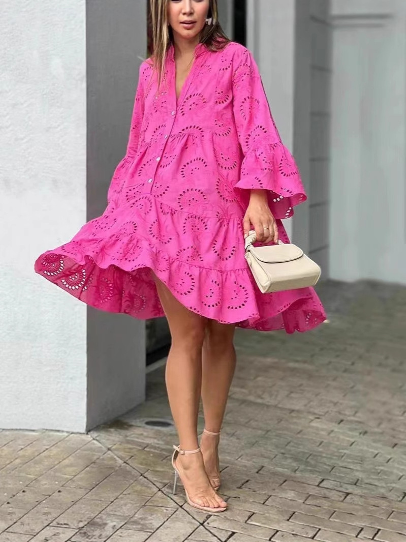 2026 European And American Women's Spring And Summer Solid Color V-neck Loose Embroidery