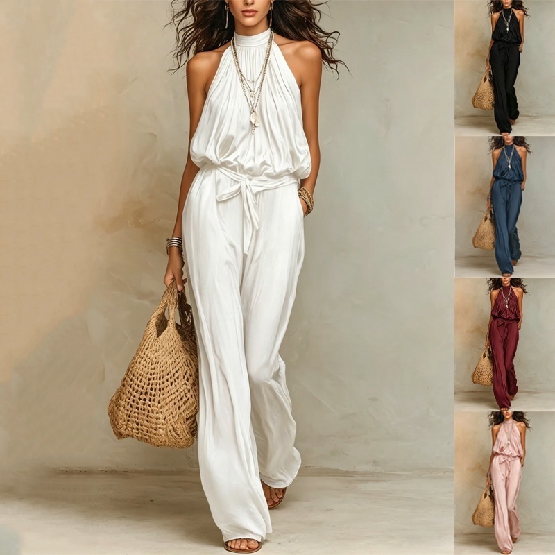 2026 New European And American Bohemian Halter Neck Jumpsuit, Cotton And Nylon, Tie-Waist