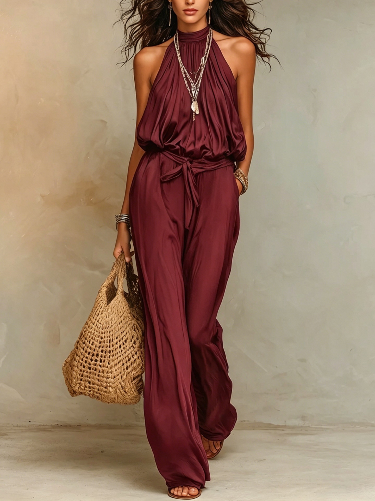 2026 New European And American Bohemian Halter Neck Jumpsuit, Cotton And Nylon, Tie-Waist