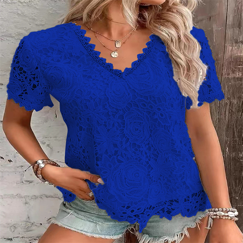 2026 New European And American Women's Fashion Versatile Top Sexy Lace Short Sleeved