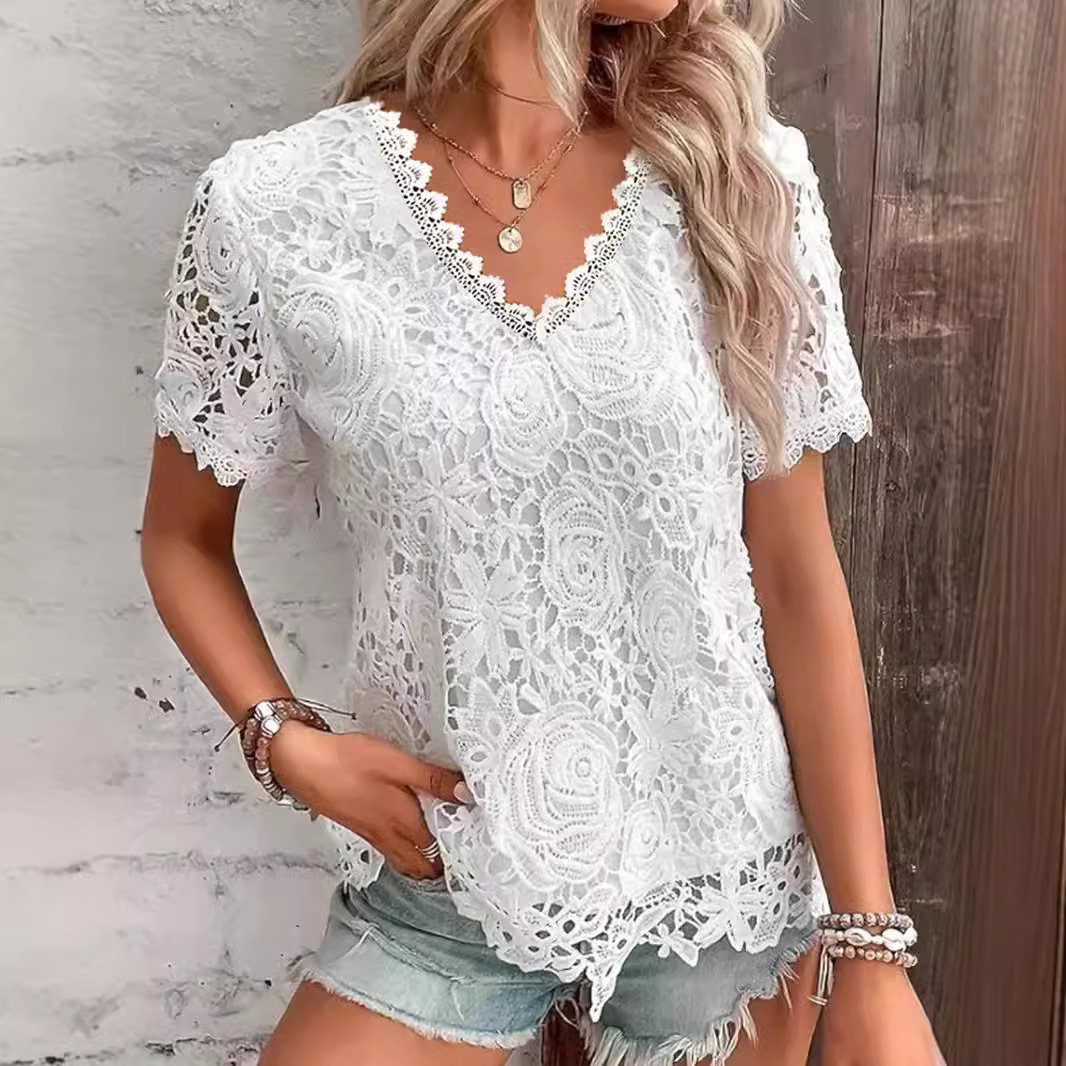 2026 New European And American Women's Fashion Versatile Top Sexy Lace Short Sleeved