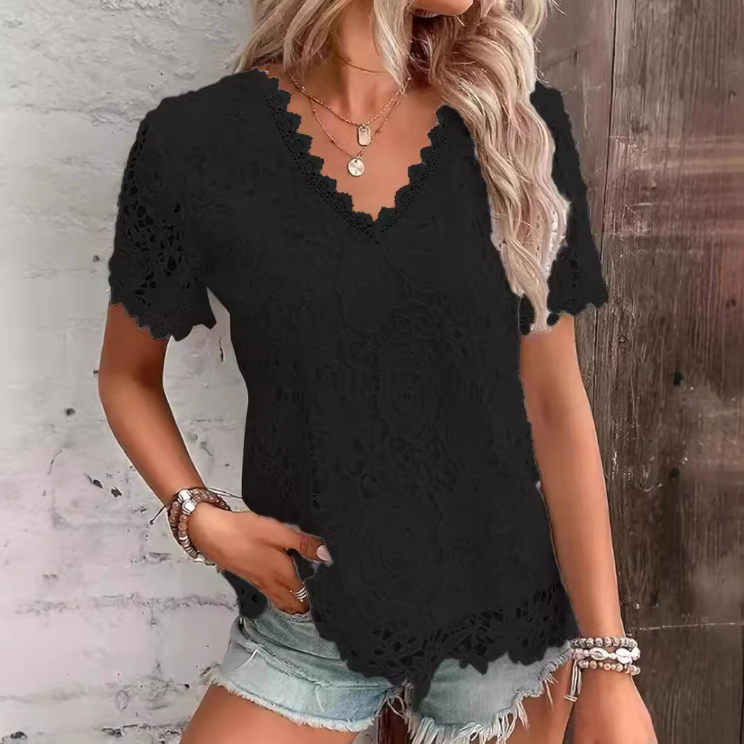 2026 New European And American Women's Fashion Versatile Top Sexy Lace Short Sleeved