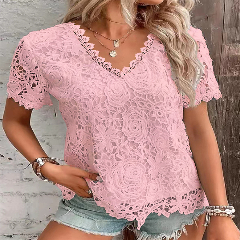 2026 New European And American Women's Fashion Versatile Top Sexy Lace Short Sleeved