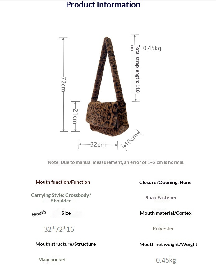 2026 New Leopard Print Plush Crossbody Bag Women's Korean Version Fashionable Faux Fur