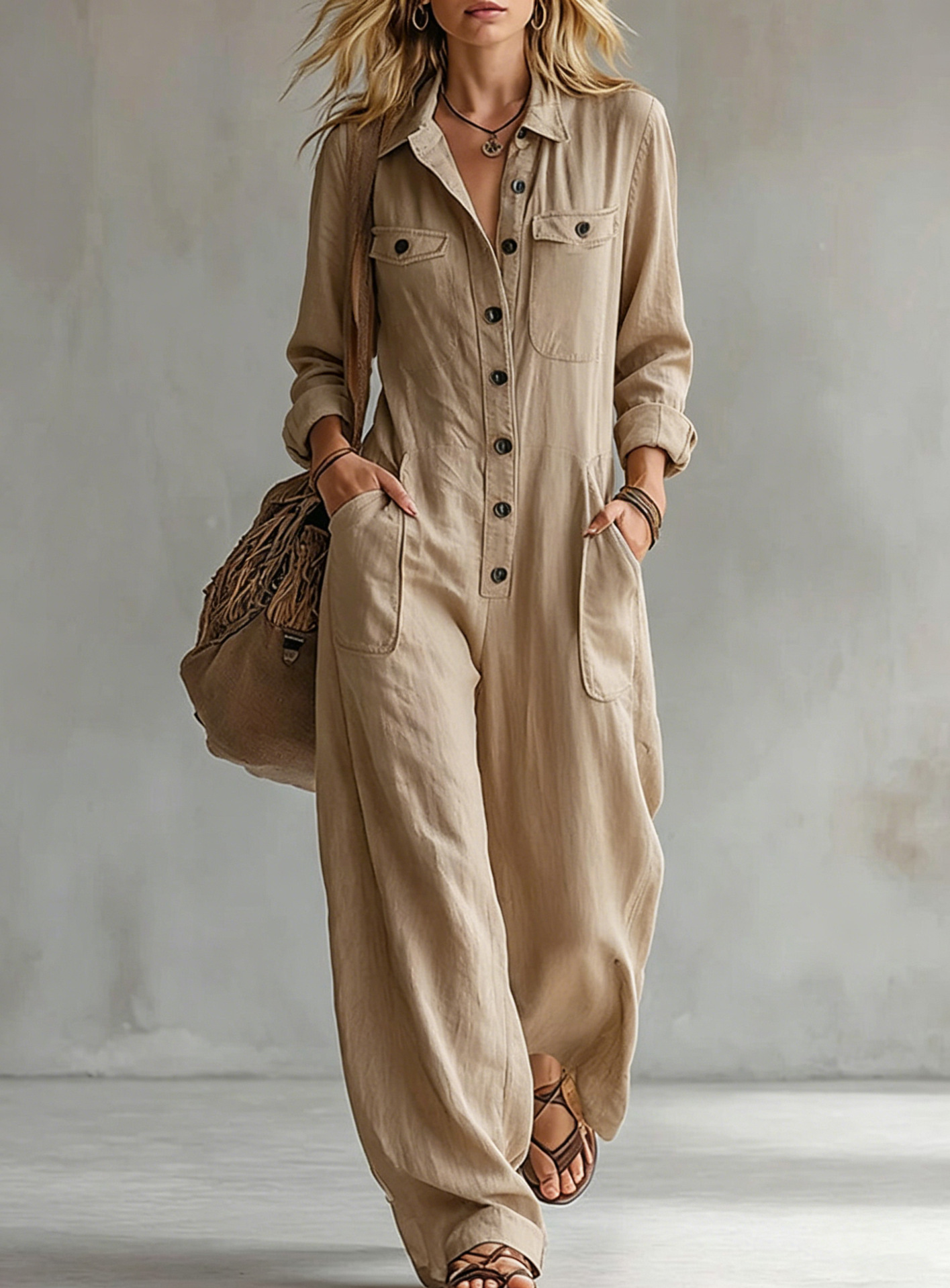 2026 New Women S Workwear Jumpsuit With Lapel Collar Long Sleeves Wide-Leg Loose Fitting