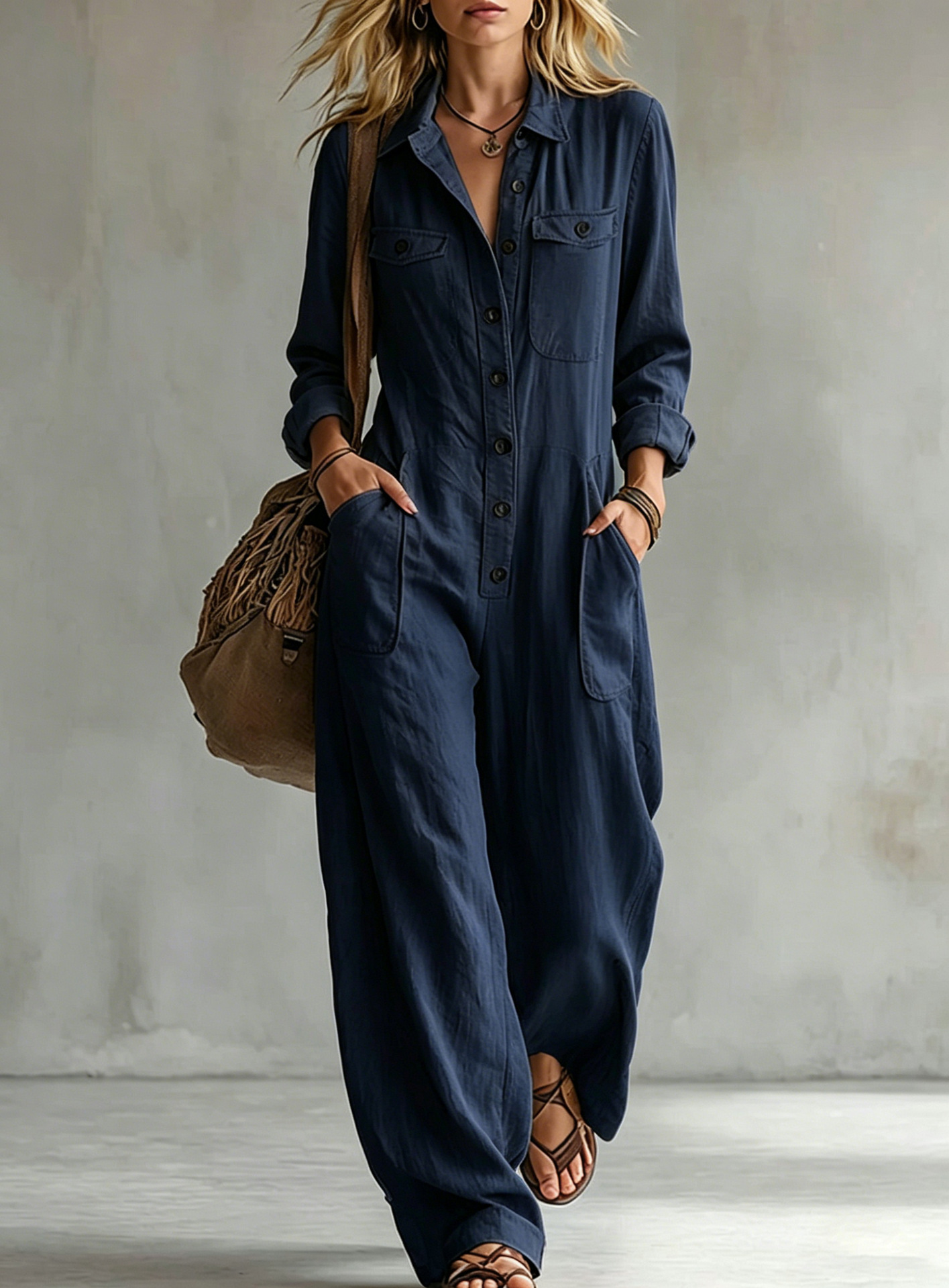 2026 New Women S Workwear Jumpsuit With Lapel Collar Long Sleeves Wide-Leg Loose Fitting