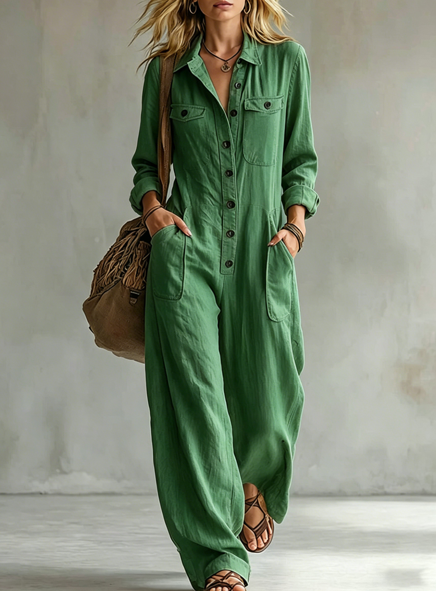 2026 New Women S Workwear Jumpsuit With Lapel Collar Long Sleeves Wide-Leg Loose Fitting