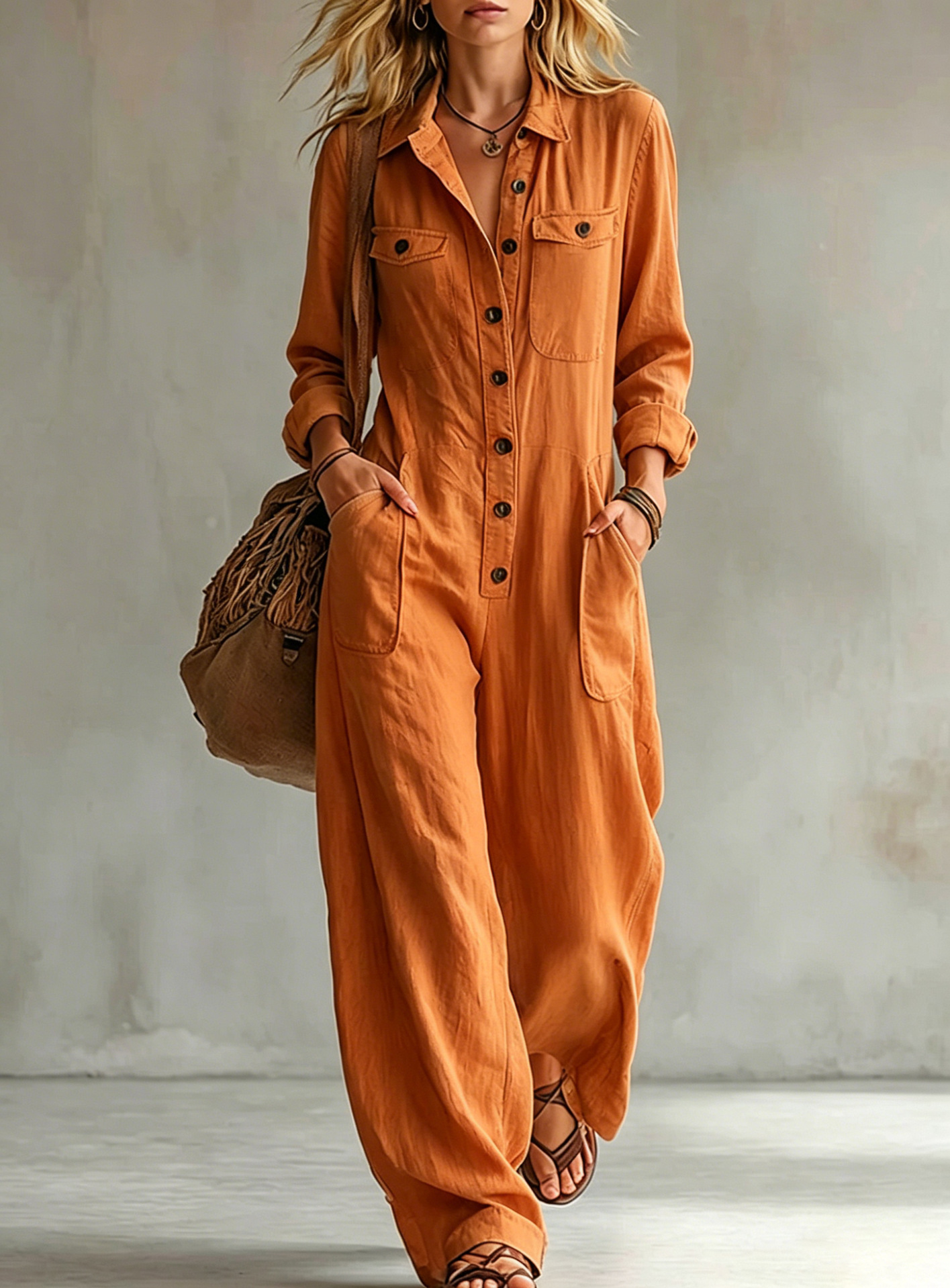 2026 New Women S Workwear Jumpsuit With Lapel Collar Long Sleeves Wide-Leg Loose Fitting