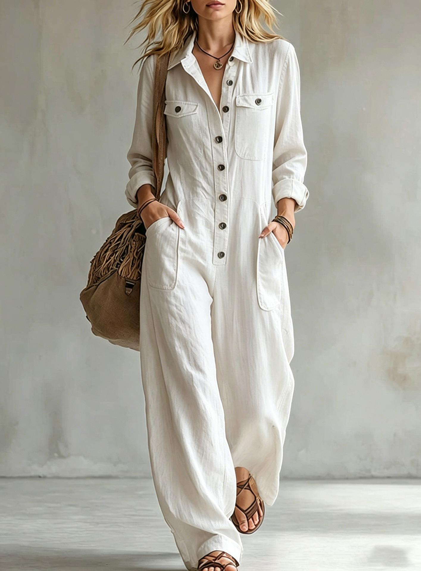 2026 New Women S Workwear Jumpsuit With Lapel Collar Long Sleeves Wide-Leg Loose Fitting