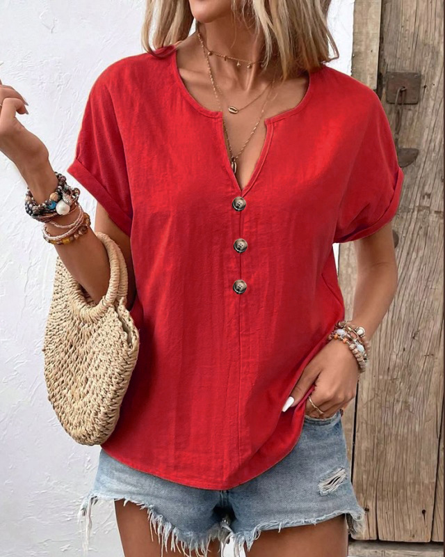2026 Summer New European And American Women's Button V-neck Short Sleeved T-shirt Top