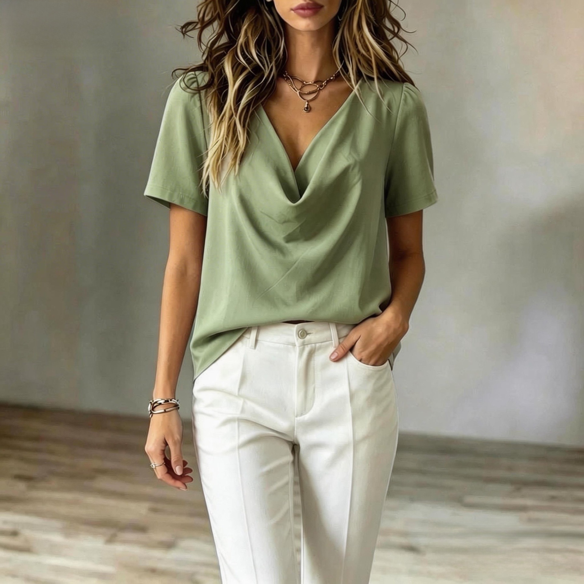2026 Summer Women's Clothing V-Neck Short-Sleeve Loose T-Shirt Slimming Top Satin Elegant