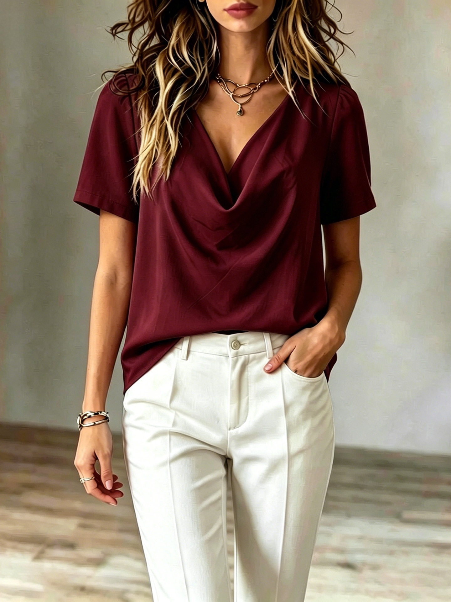 2026 Summer Women's Clothing V-Neck Short-Sleeve Loose T-Shirt Slimming Top Satin Elegant