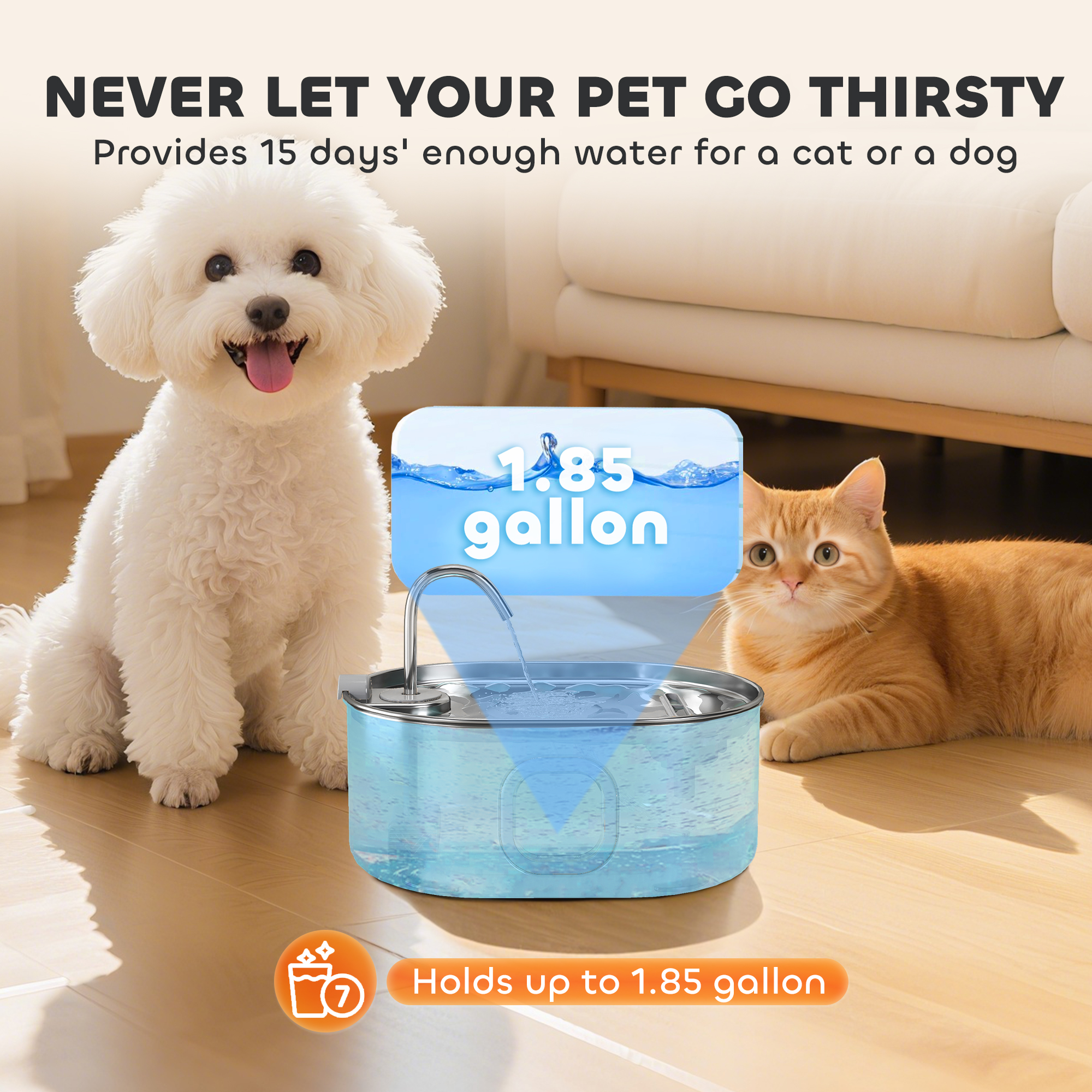 246 oz./7L Stainless Steel Cat Water Fountain with Filters, Ultra-Quiet Pump, for Cats