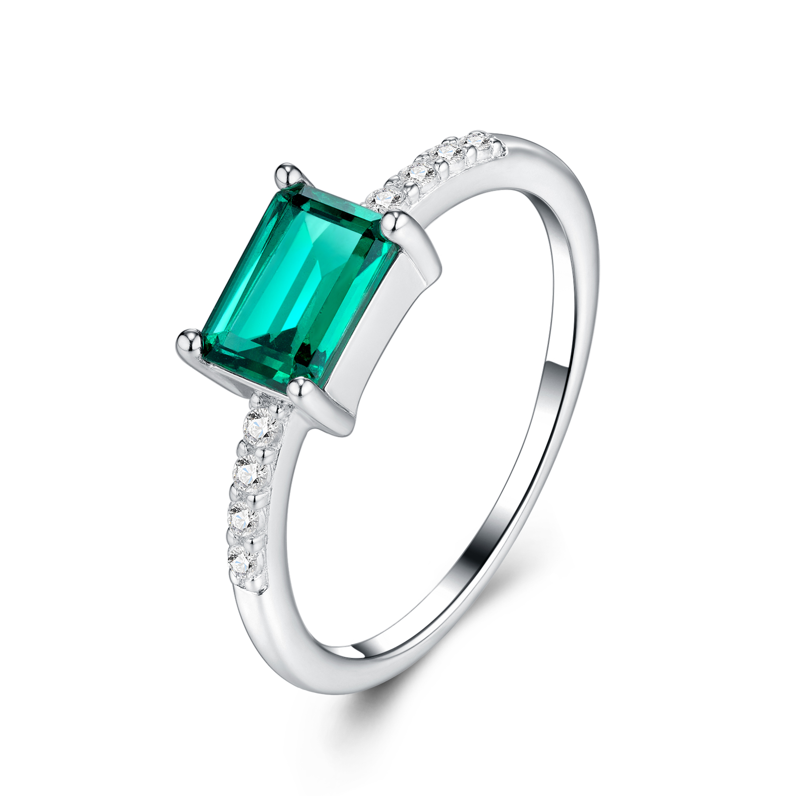 2g Sterling Silver Platinum Plated Ring Octagon Cut Lab Grown Emerald Band Dainty
