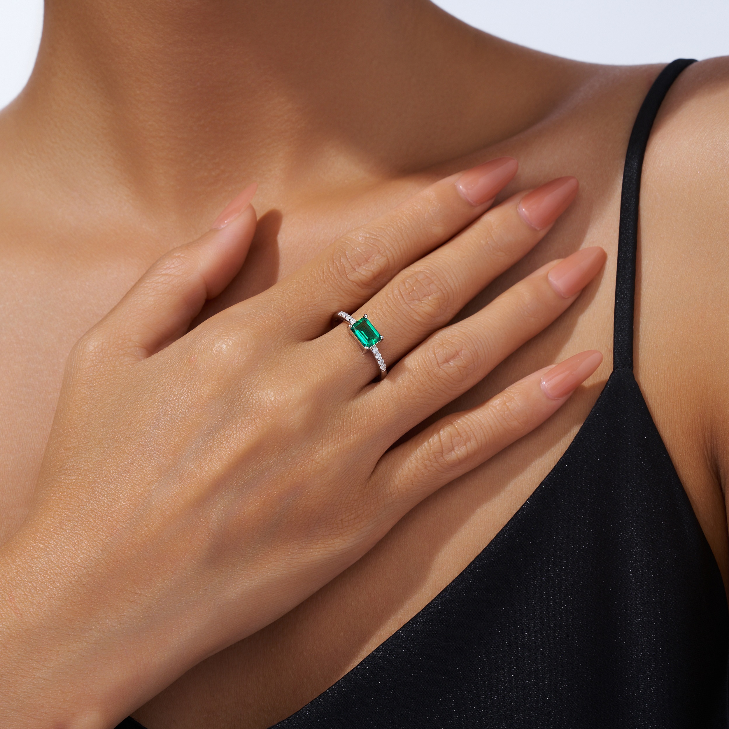 2g Sterling Silver Platinum Plated Ring Octagon Cut Lab Grown Emerald Band Dainty
