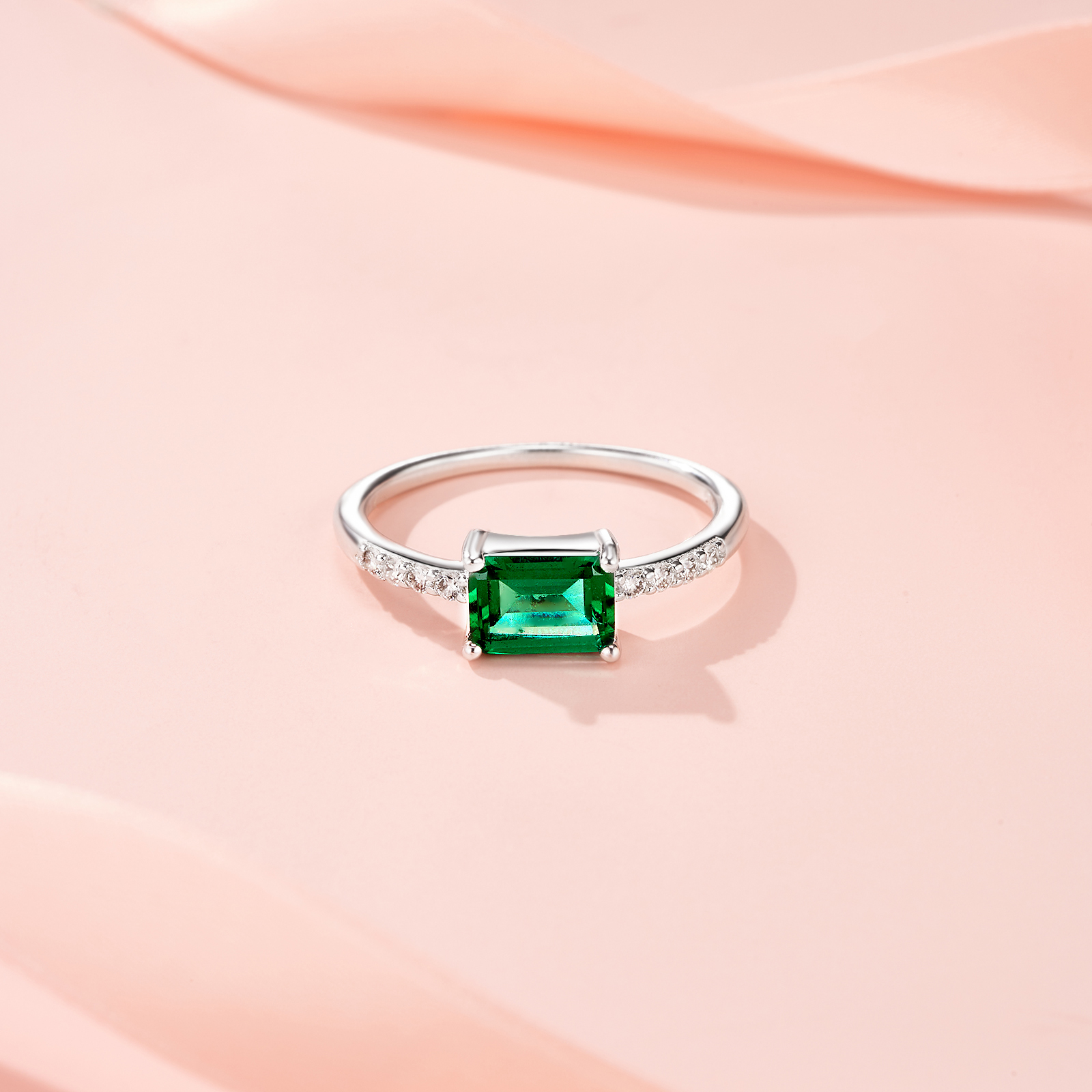2g Sterling Silver Platinum Plated Ring Octagon Cut Lab Grown Emerald Band Dainty