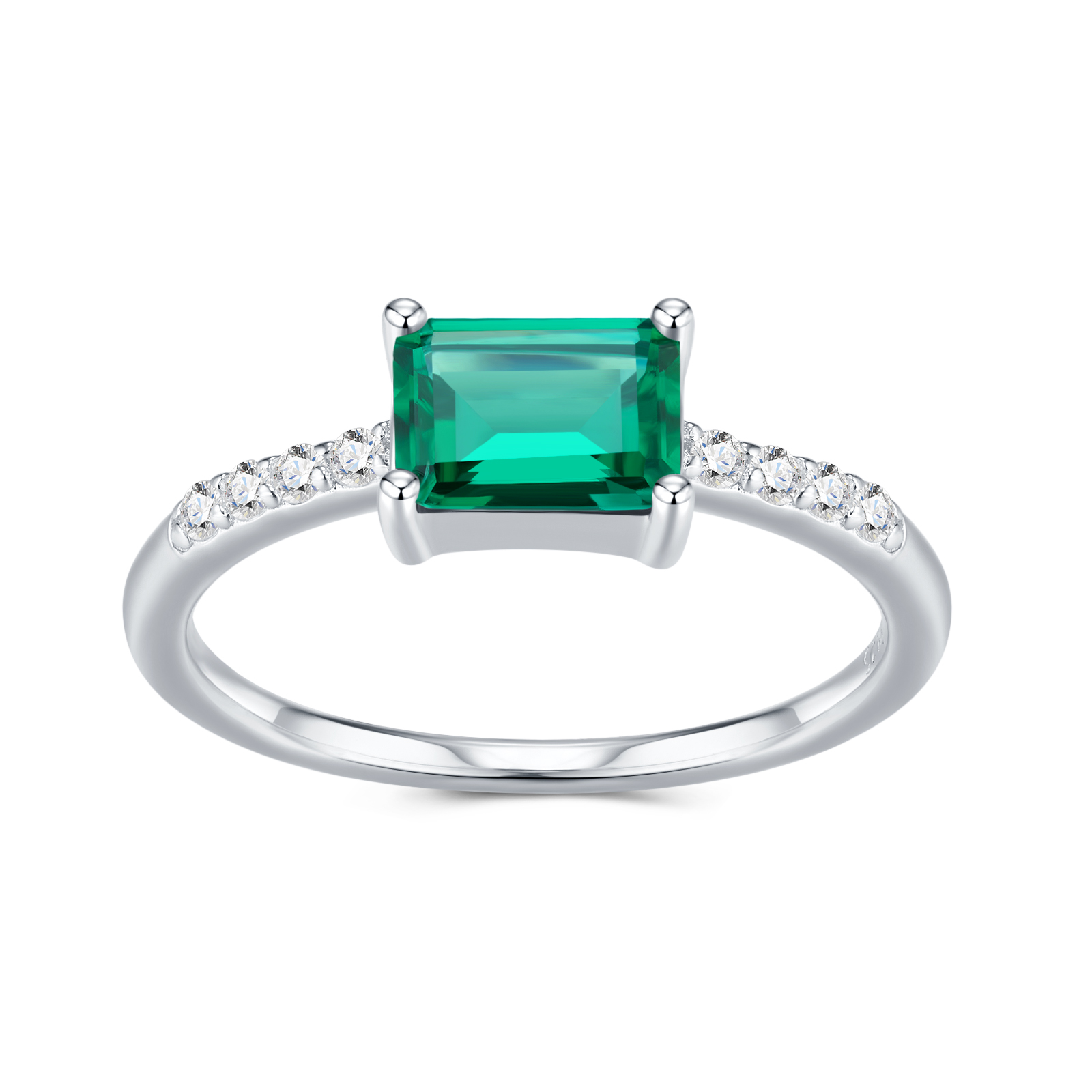 2g Sterling Silver Platinum Plated Ring Octagon Cut Lab Grown Emerald Band Dainty