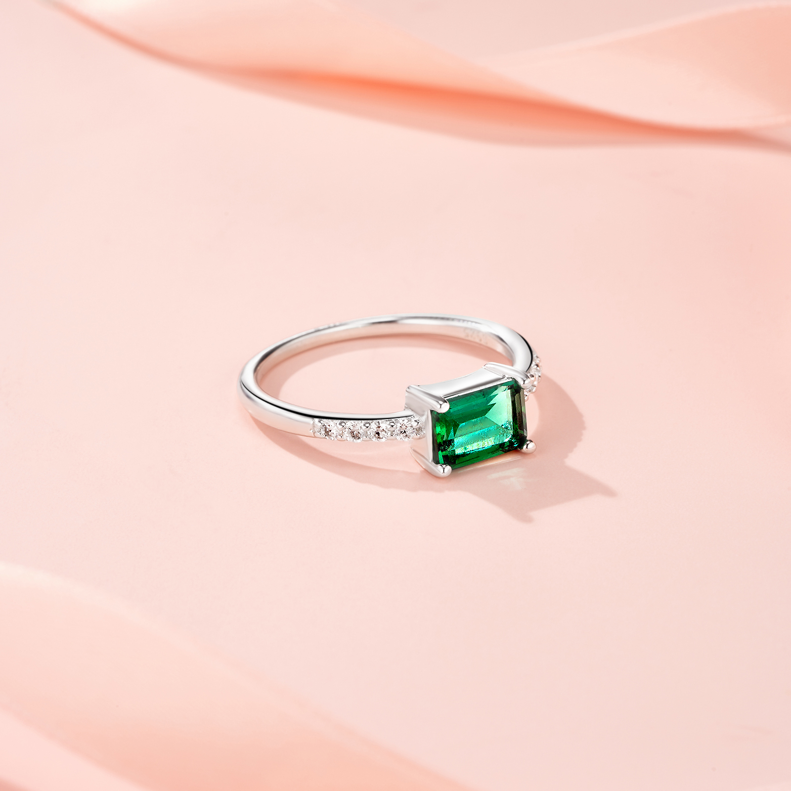 2g Sterling Silver Platinum Plated Ring Octagon Cut Lab Grown Emerald Band Dainty