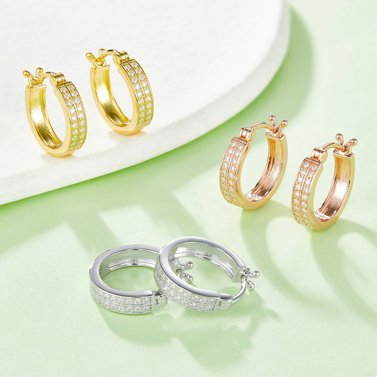 3.3g Sterling Silver Double Row Moissanite Hoop Earrings 16mm Platinum Plated Hinged Hoops