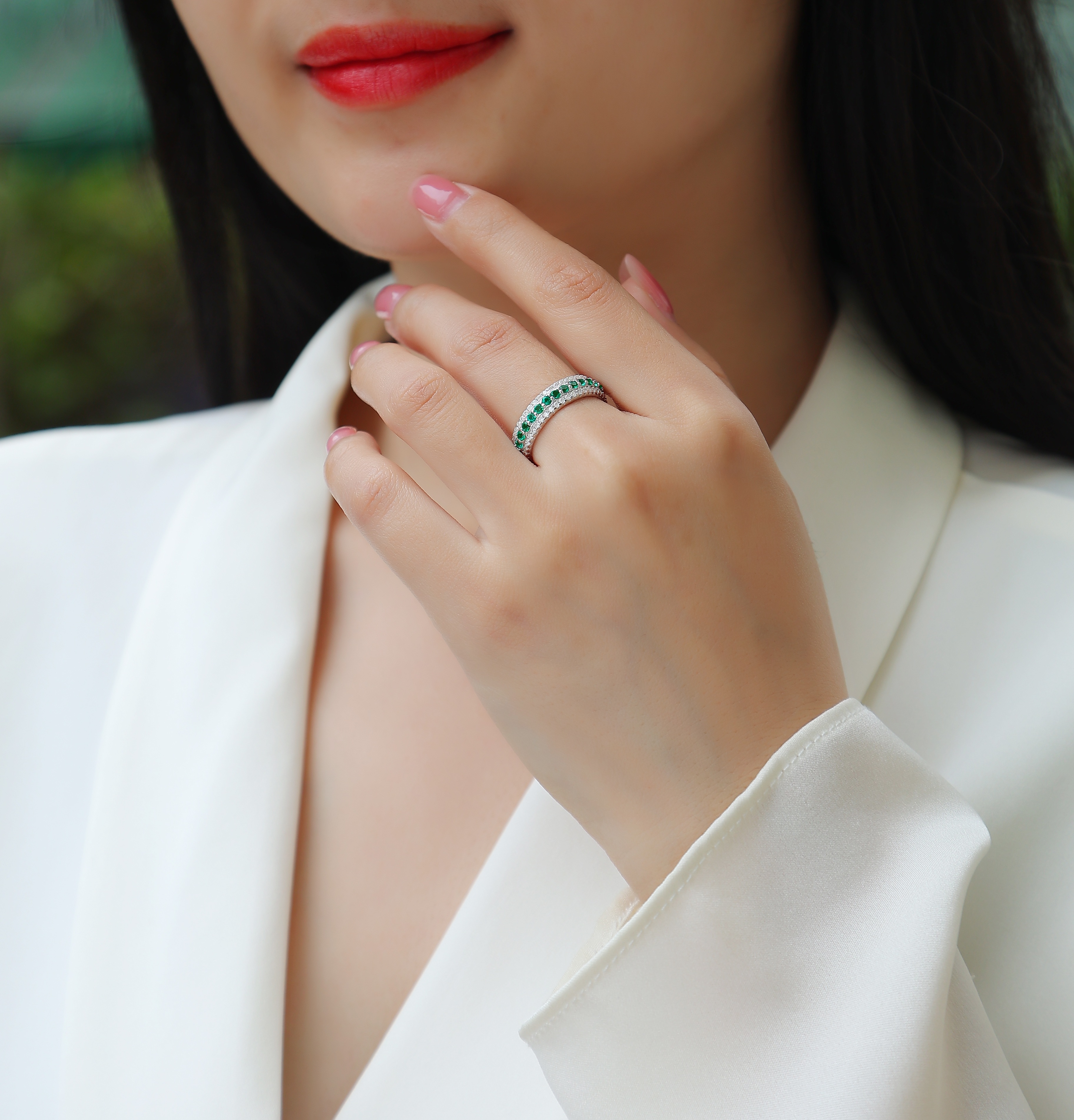 3.6g Sterling Silver Platinum Plated Ring 3 Row Pave Band With Green Gemstones, Dainty