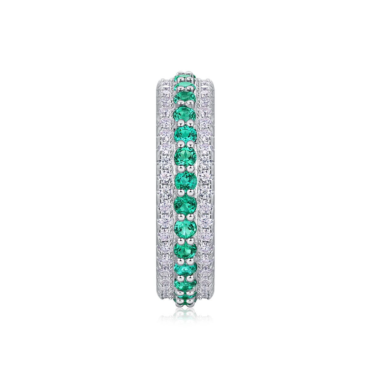 3.6g Sterling Silver Platinum Plated Ring 3 Row Pave Band With Green Gemstones, Dainty