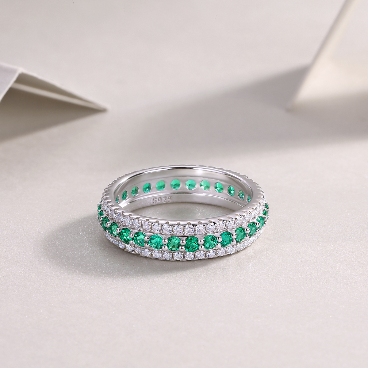 3.6g Sterling Silver Platinum Plated Ring 3 Row Pave Band With Green Gemstones, Dainty