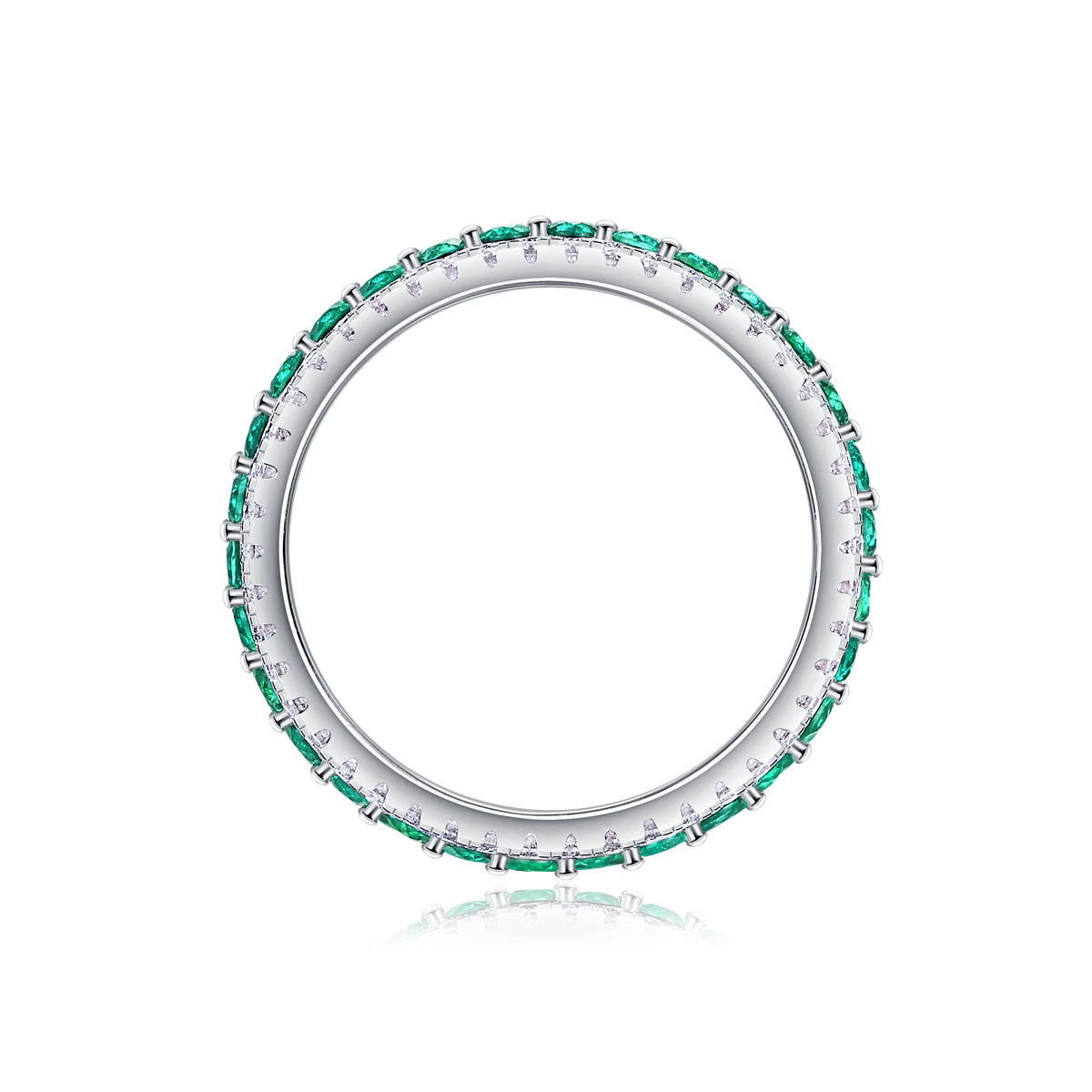 3.6g Sterling Silver Platinum Plated Ring 3 Row Pave Band With Green Gemstones, Dainty