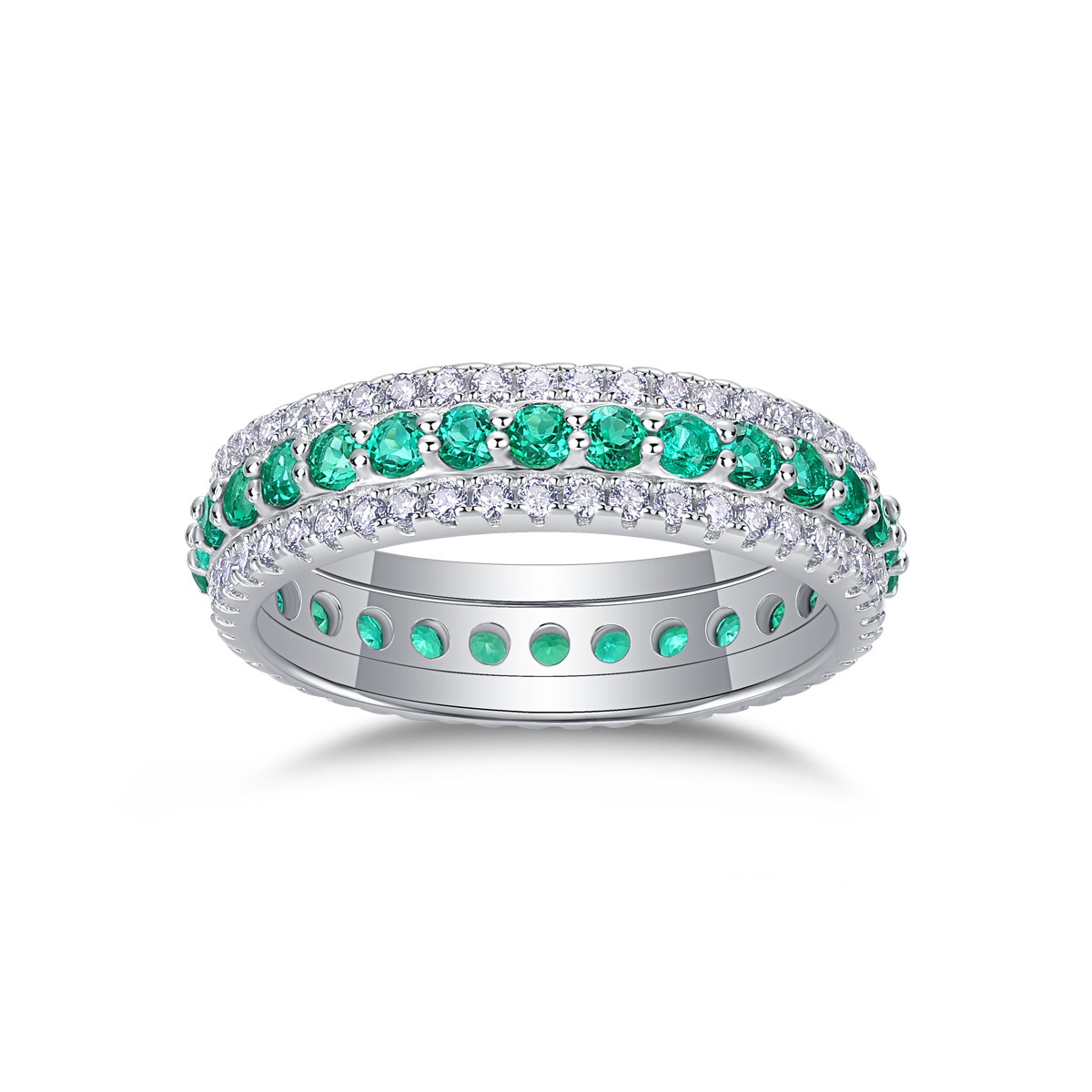 3.6g Sterling Silver Platinum Plated Ring 3 Row Pave Band With Green Gemstones, Dainty