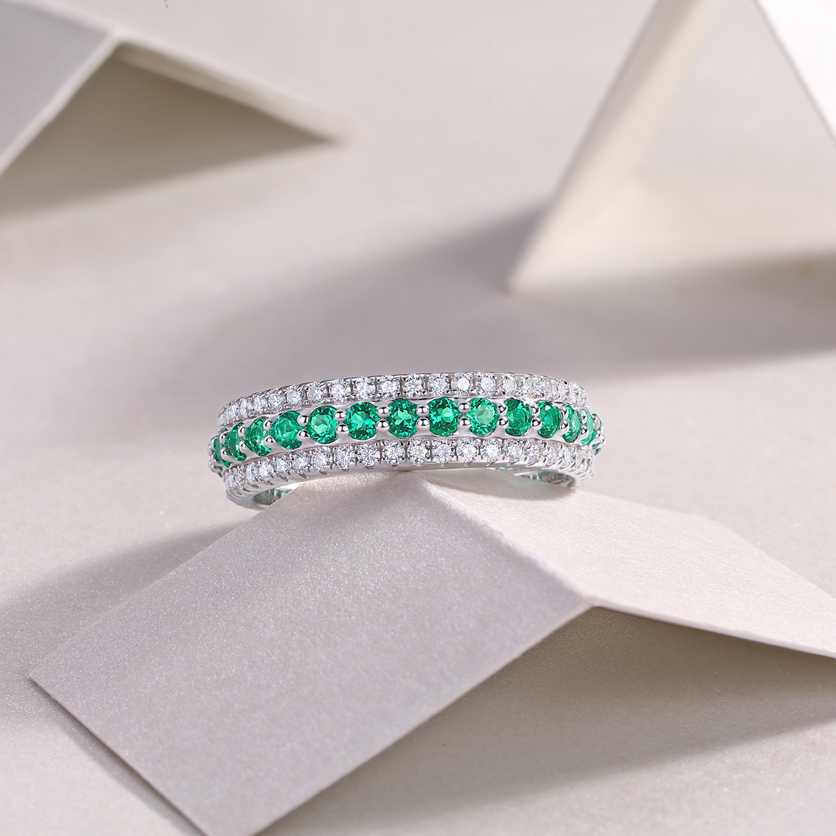 3.6g Sterling Silver Platinum Plated Ring 3 Row Pave Band With Green Gemstones, Dainty