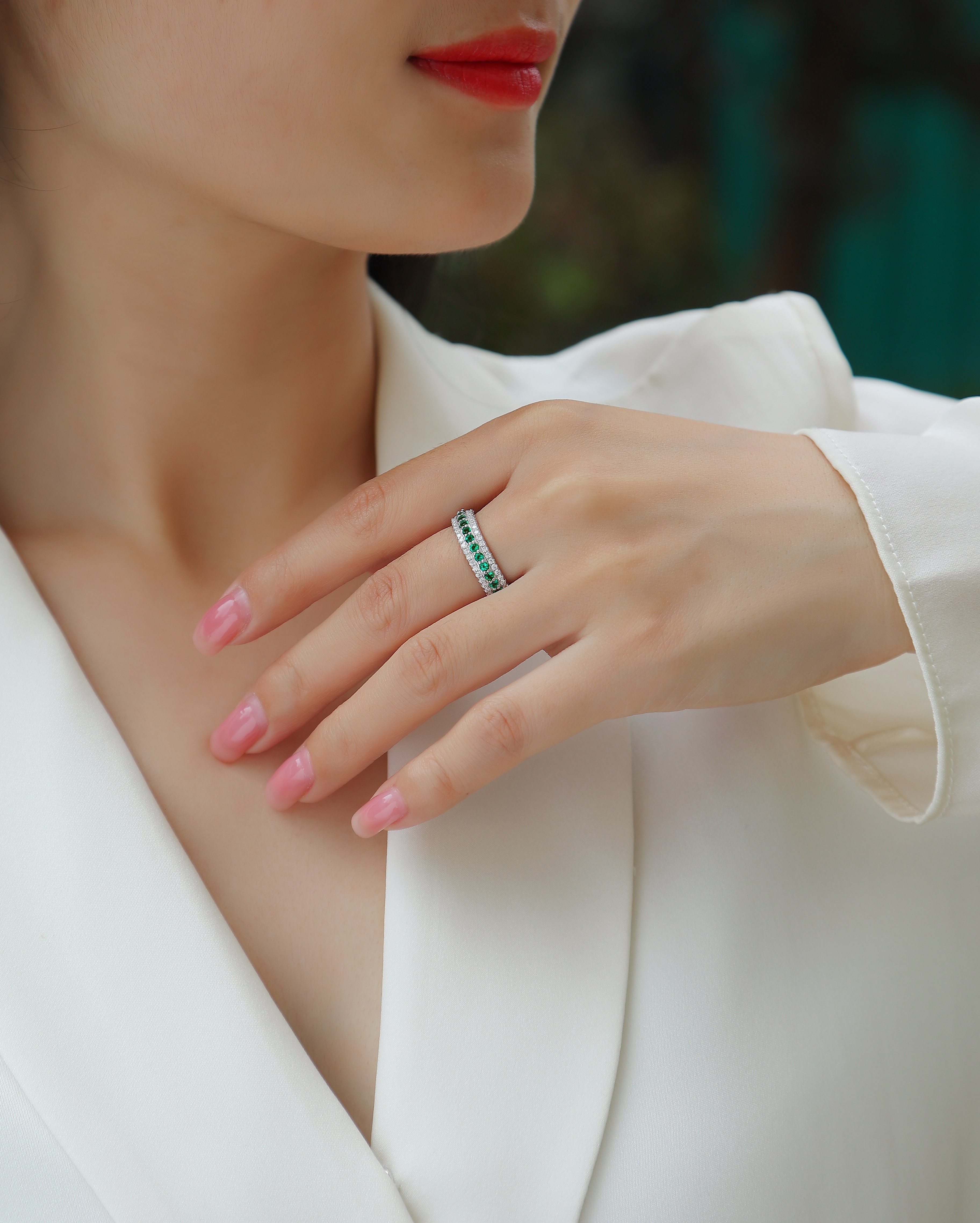3.6g Sterling Silver Platinum Plated Ring 3 Row Pave Band With Green Gemstones, Dainty