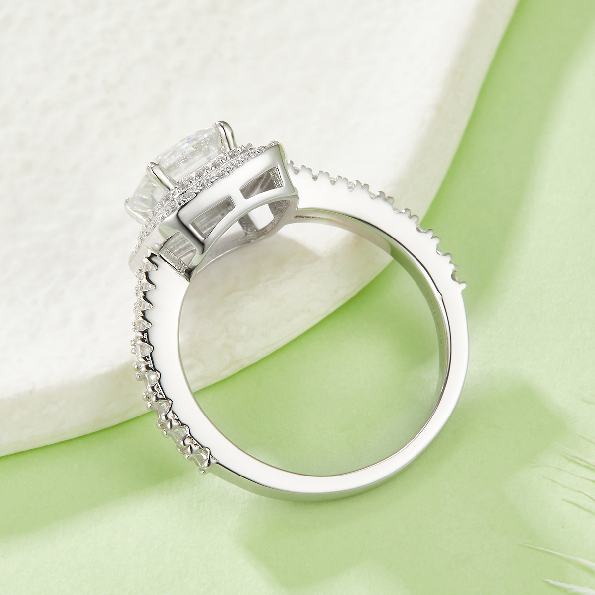 3 Carat Emerald Cut Moissanite Engagement Ring, Double Halo Split Shank Silver Platinum