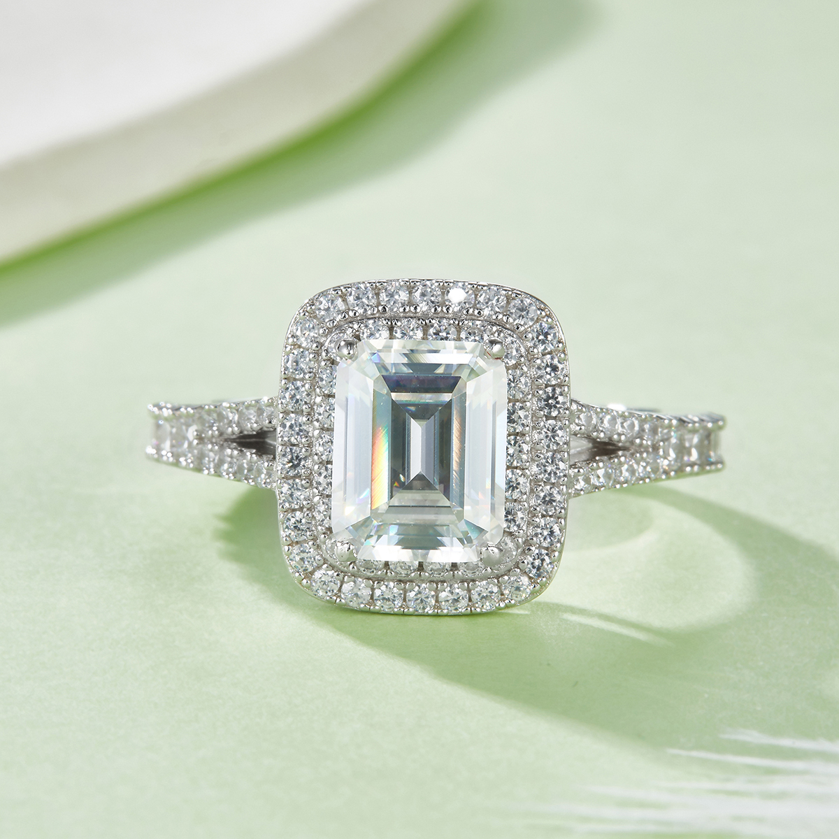 3 Carat Emerald Cut Moissanite Engagement Ring, Double Halo Split Shank Silver Platinum