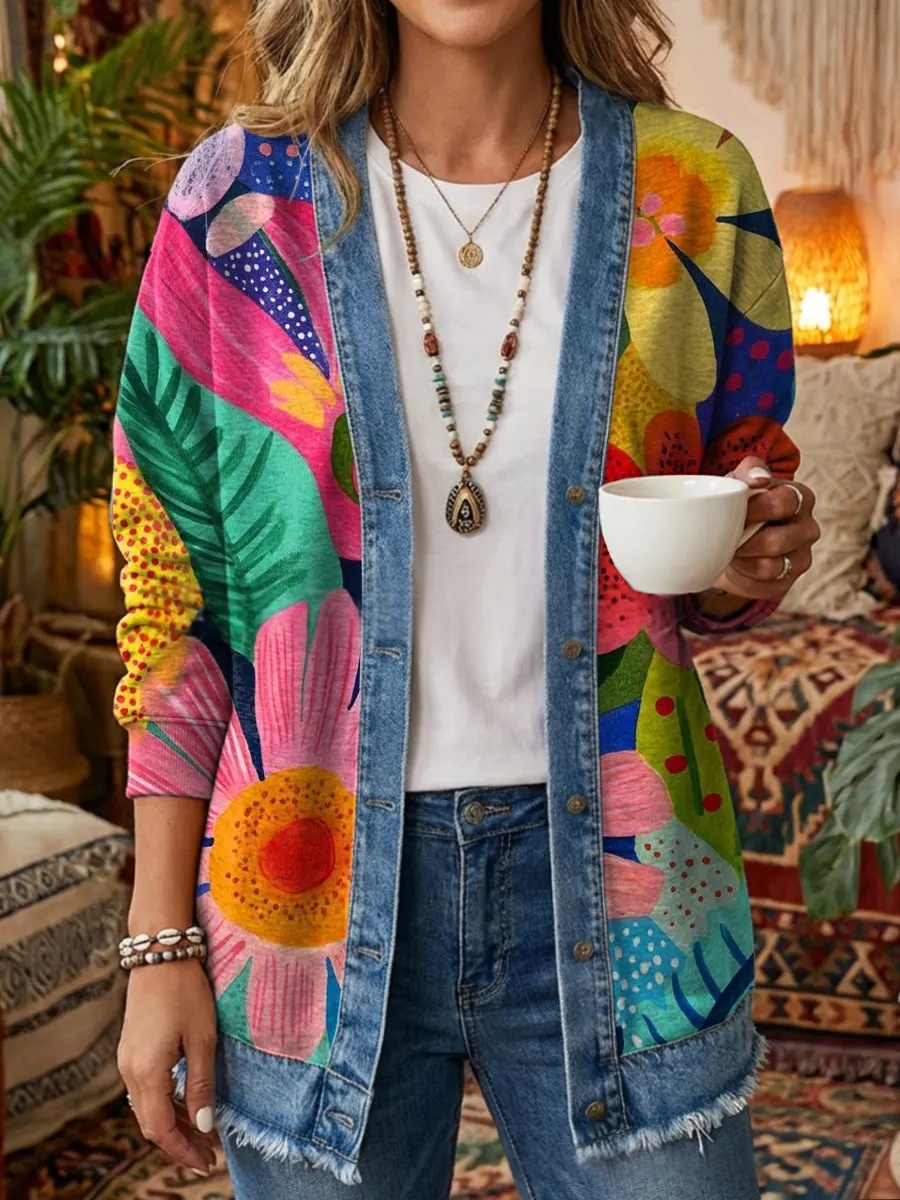 3D Digital Print Loose-Fit Hooded Sweater Cardigan Coat